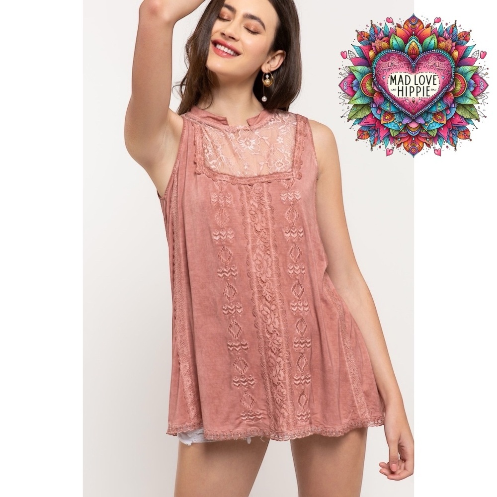 POL Terracotta Sleeveless High Neck Lace & Embroidered Rayon Top - Picture 2 of 8